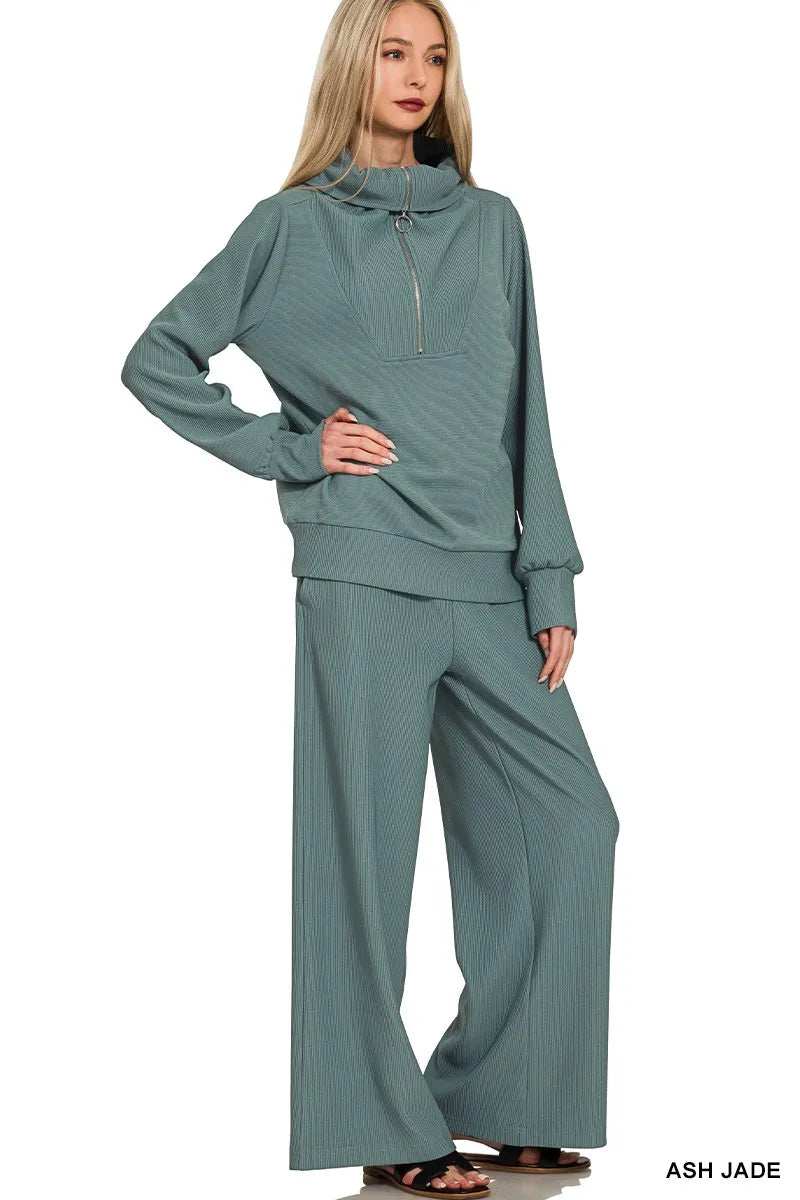 Zenana Ribbed High Neck Half Zip Pullover & Pants Set - Trendsi - Flyclothing LLC