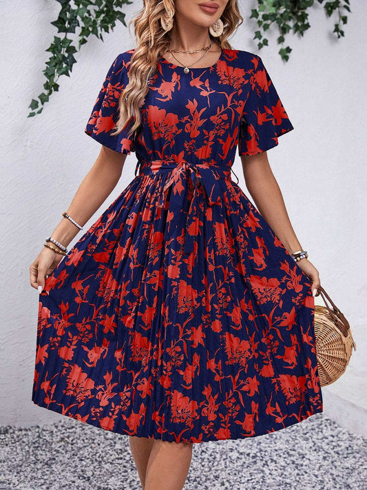 Printed Round Neck Short Sleeve Dress - Trendsi - Flyclothing LLC