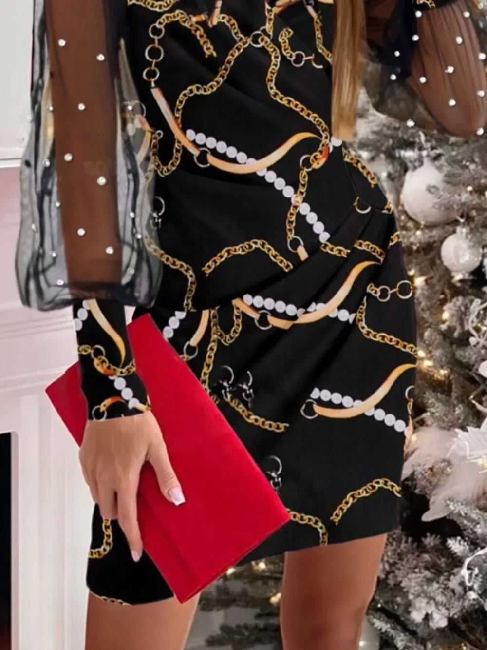 Floral Applique Mesh Sleeve Bodycon Dress - Trendsi - Flyclothing LLC