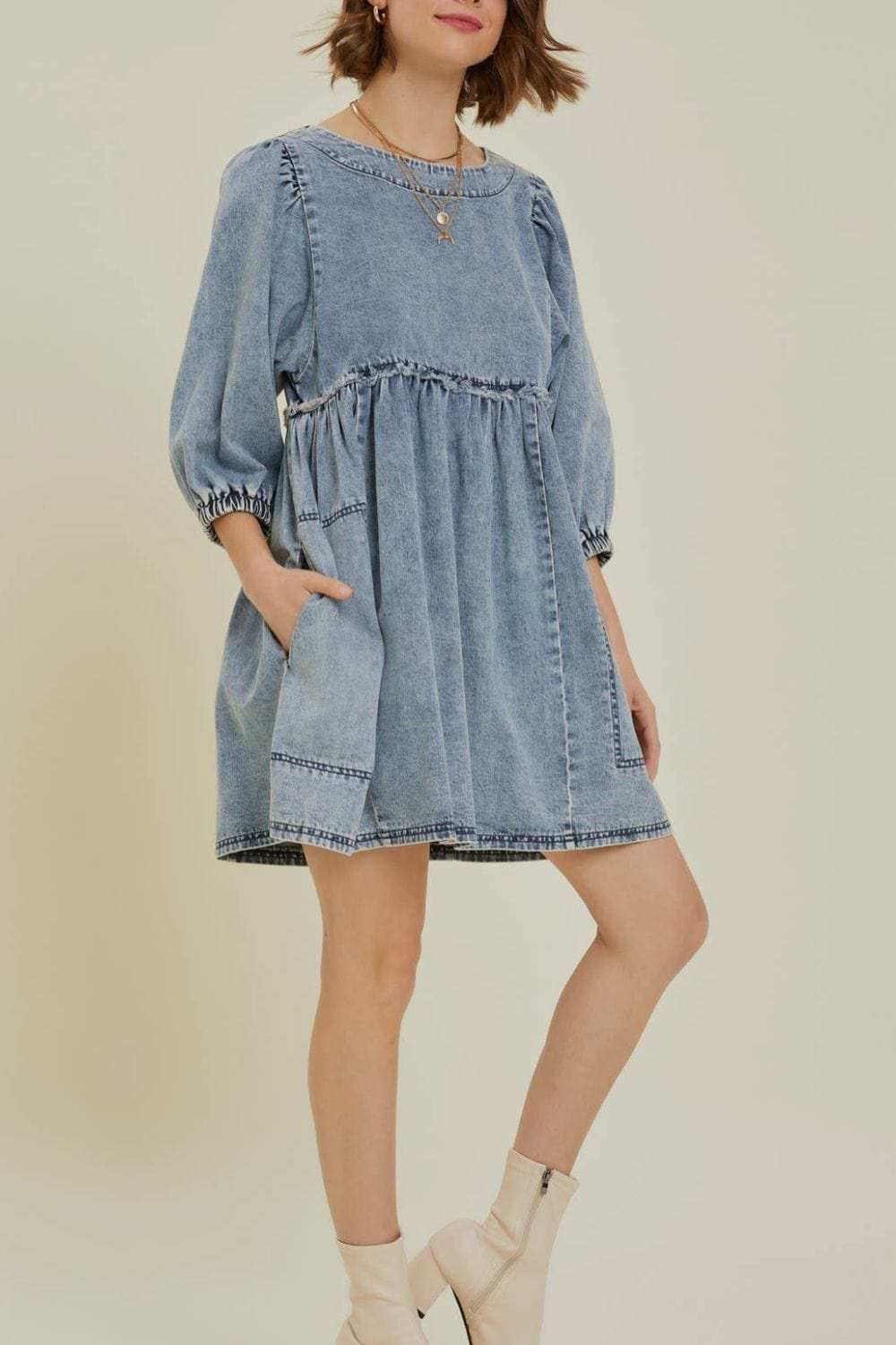 Cutout Round Neck Balloon Sleeve Denim Dress - Trendsi - Flyclothing LLC