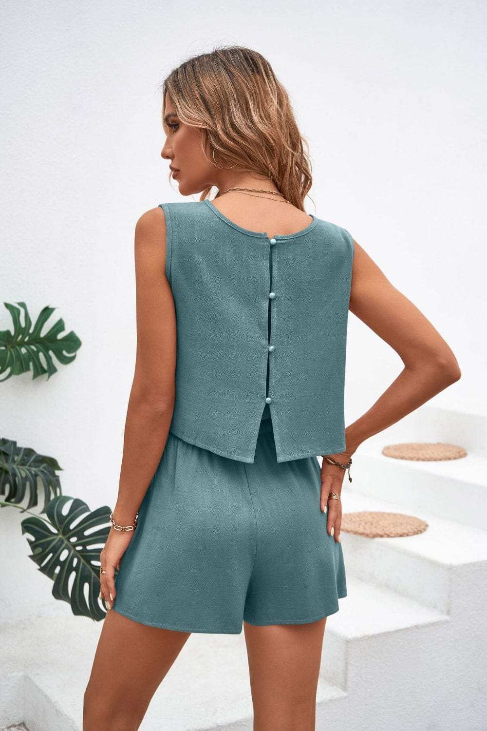 Round Neck Top and Drawstring Shorts Set - Trendsi - Flyclothing LLC