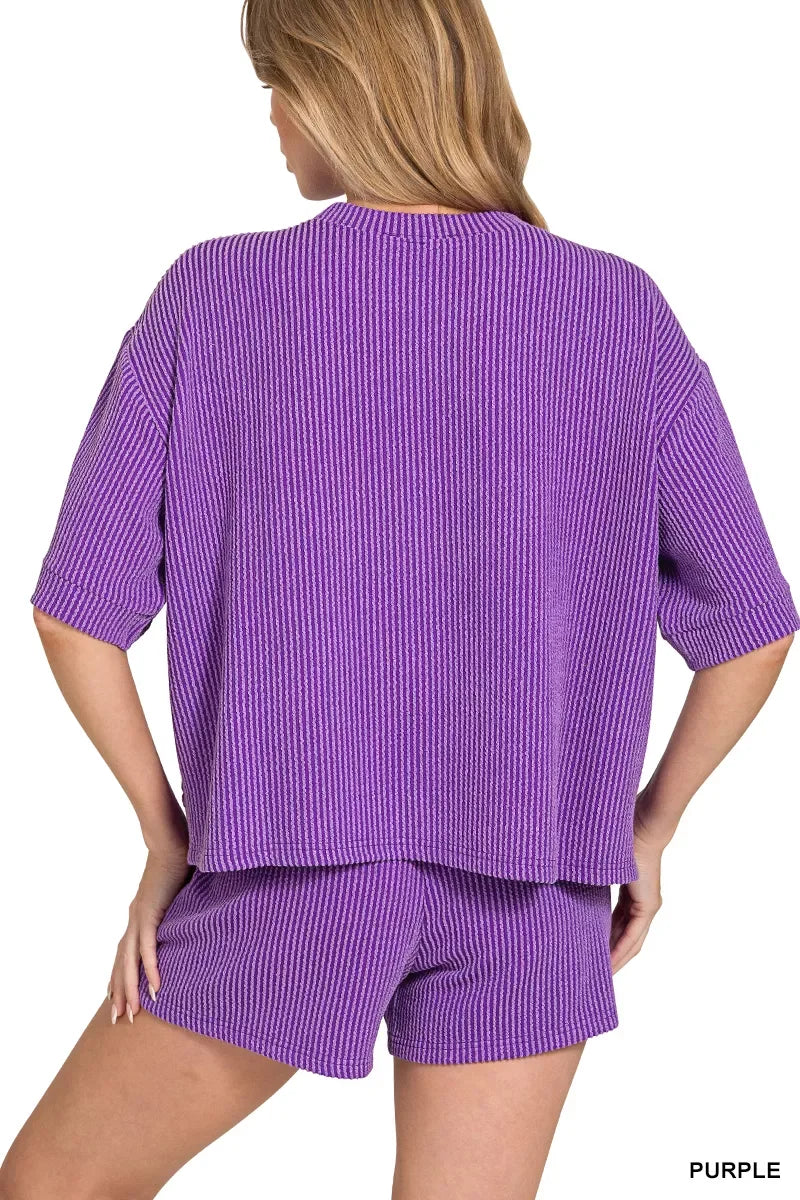 Zenana Raised Rib Short Sleeve Tee and Drawstring Shorts Set - Trendsi - Flyclothing LLC