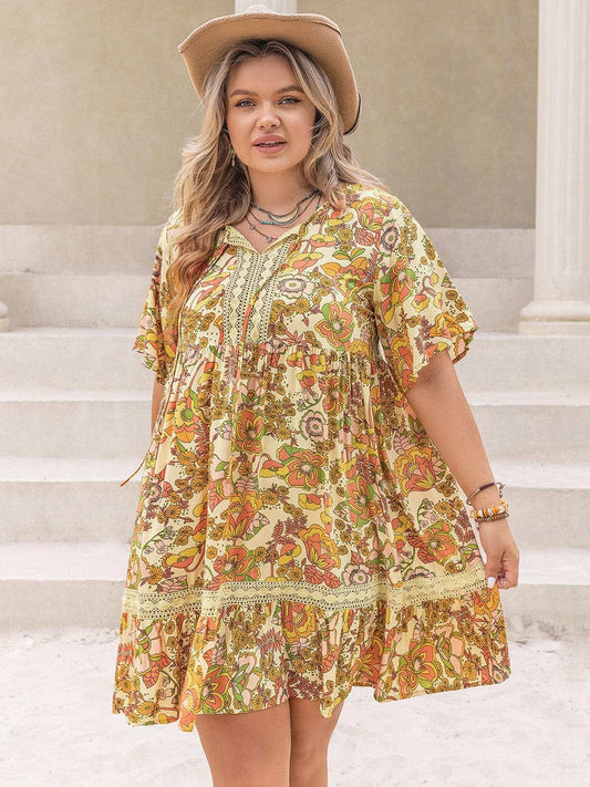 Plus Size Printed Tie Neck Short Sleeve Mini Dress - Trendsi - Flyclothing LLC