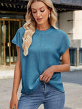 Exposed Seam Round Neck Short Sleeve Sweater - Trendsi - Flyclothing LLC
