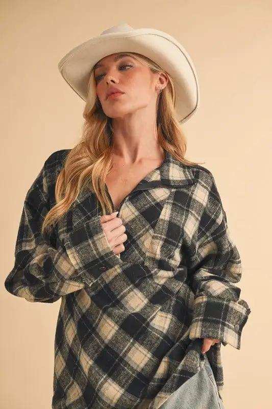 Aemi + Co Slit Plaid Half Zip Drop Shoulder Top - Trendsi - Flyclothing LLC