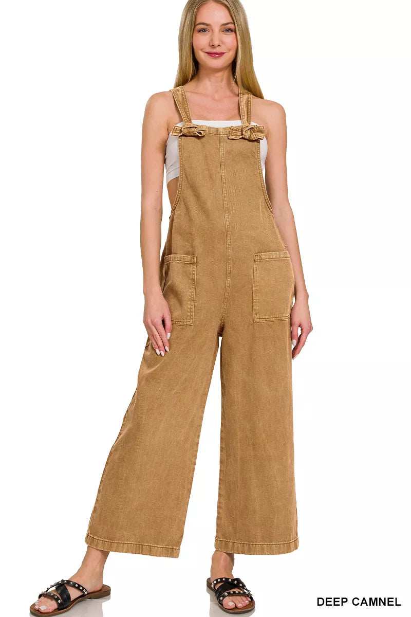 Zenana Washed Knot Strap Pockets Jumpsuit - Trendsi - Flyclothing LLC