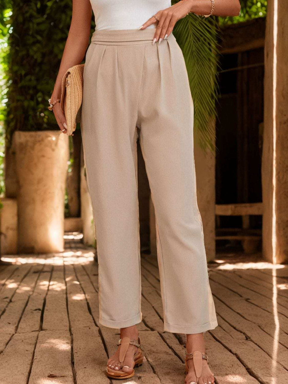 Ruched Half Elastic Waist Pants - Trendsi - Flyclothing LLC