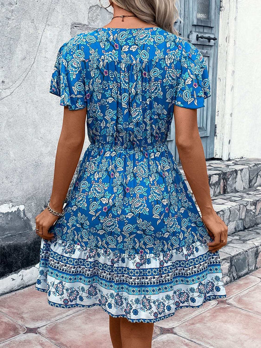 Printed V-Neck Flutter Sleeve Mini Dress - Trendsi - Flyclothing LLC