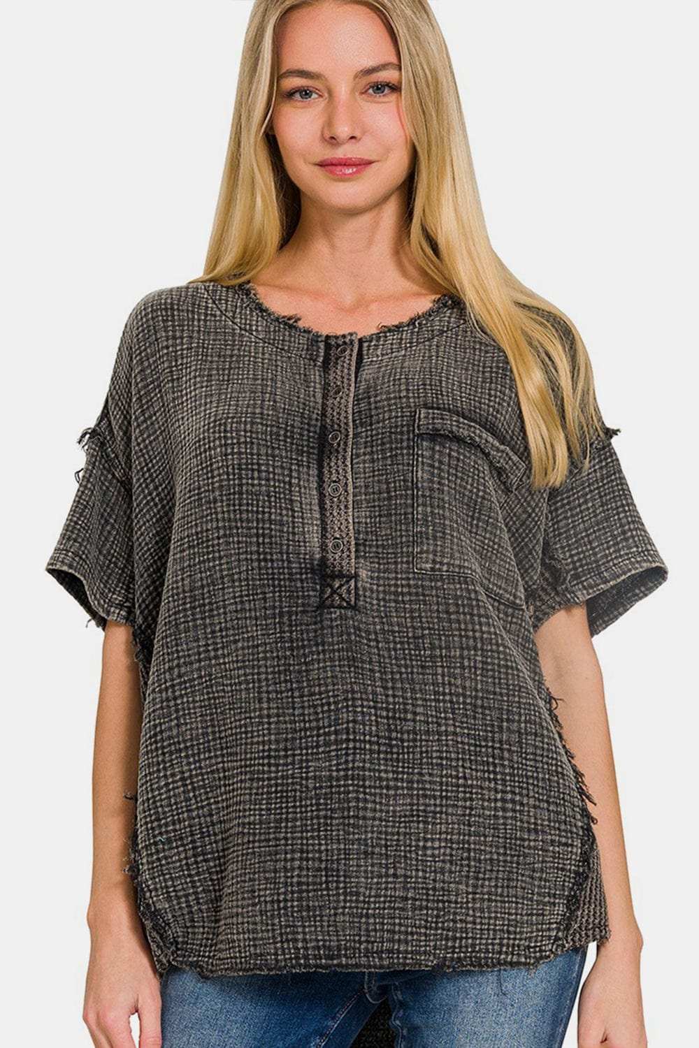 Zenana Washed Texture Half Button T-Shirt - Trendsi - Flyclothing LLC