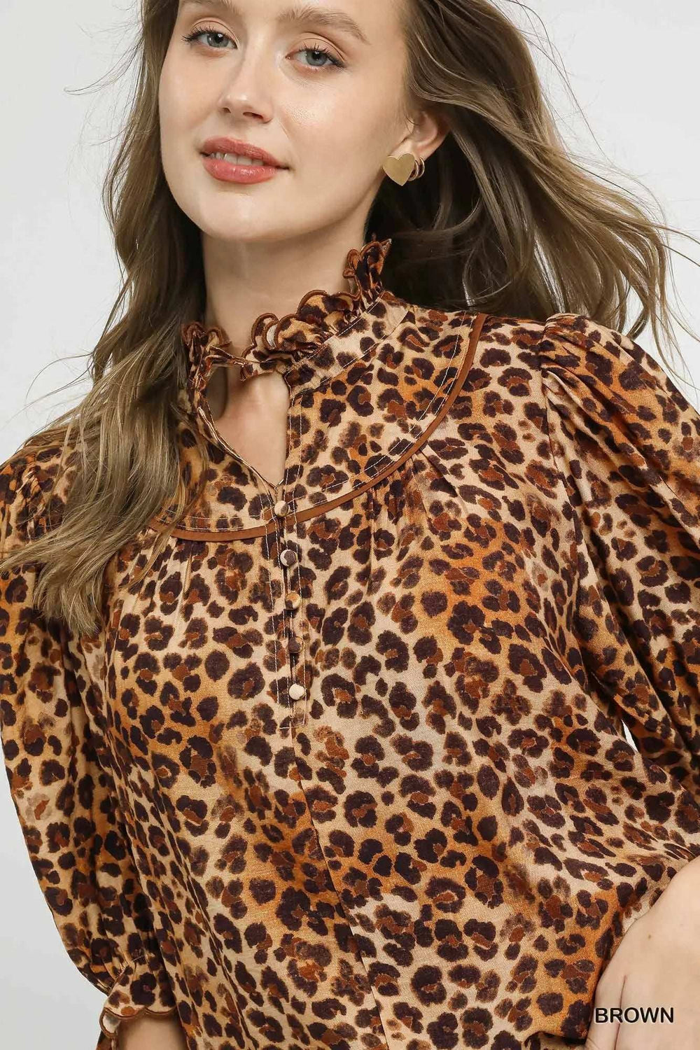 Umgee Full Size Leopard Print Ruffle Neck Blouse Plus Size - Trendsi - Flyclothing LLC