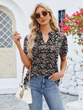 Ruched Printed Notched Short Sleeve Blouse - Trendsi - Flyclothing LLC