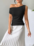 Single Shoulder Short Sleeve Knit Top - Trendsi - Flyclothing LLC