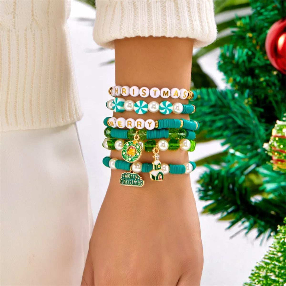 6-Piece Christmas Beaded Bracelet with Pearl Accents - Trendsi - Flyclothing LLC