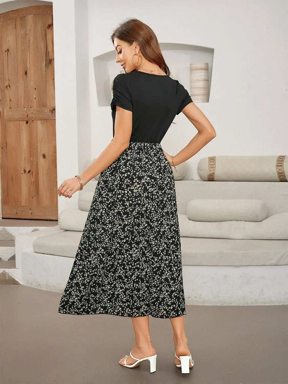 Printed Round Neck Short Sleeve Midi Dress - Trendsi - Flyclothing LLC