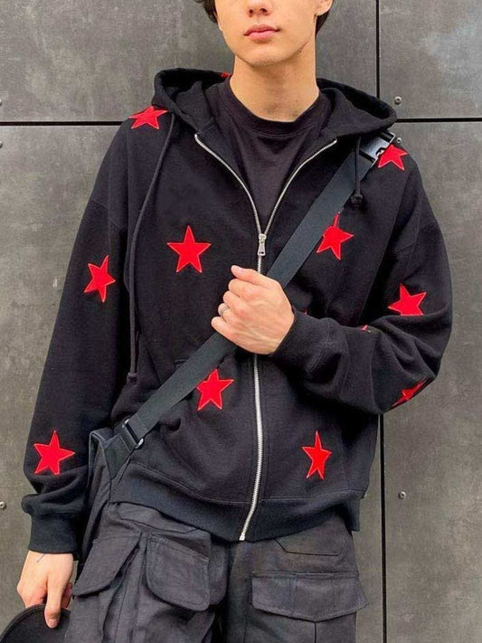 Men's Contrast Star Hooded Zip Up Hoodie - Trendsi - Flyclothing LLC