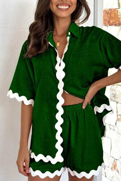 Contrast Trim Half Sleeve Top and Shorts Set - Trendsi - Flyclothing LLC