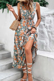 Floral Print Trimmed V Neck Tie Waist Sleeveless Dress - Trendsi - Flyclothing LLC
