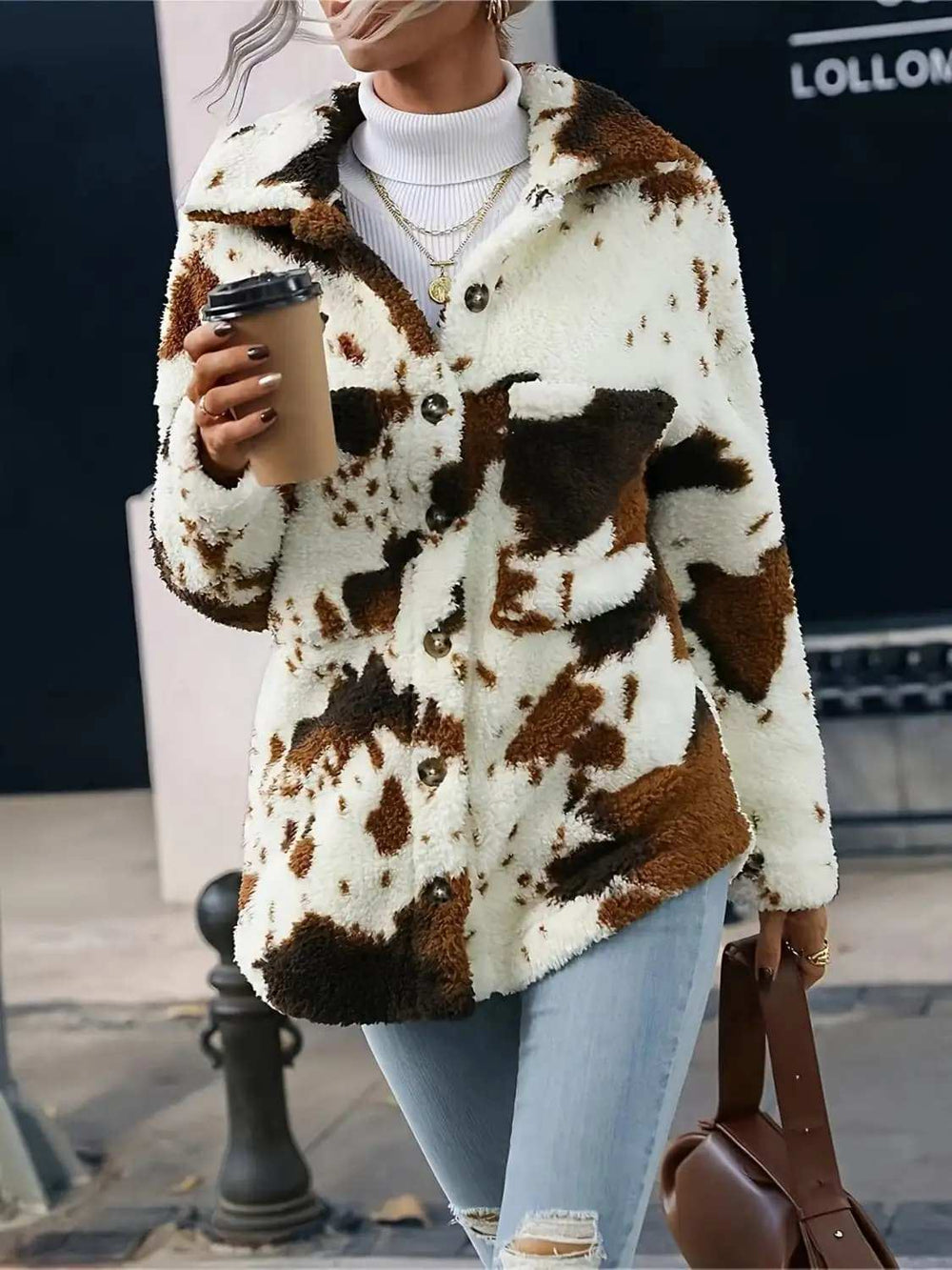 Cow Print Collared Neck Button Up Fuzzy Jacket - Trendsi - Flyclothing LLC