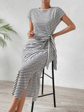Tied Striped Round Neck Short Sleeve Tee Dress - Trendsi - Flyclothing LLC