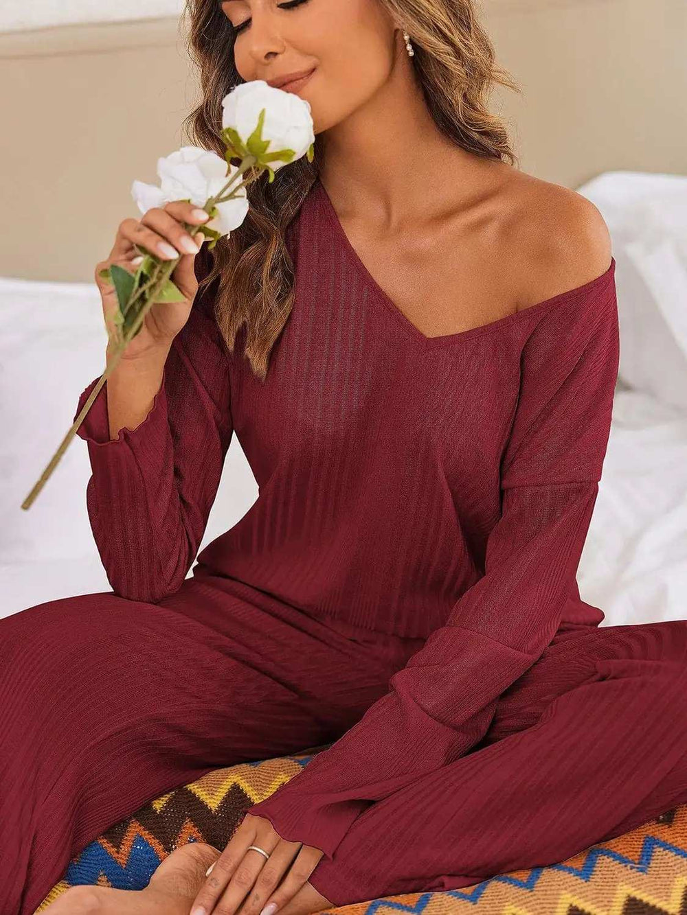 V-Neck Long Sleeve Top and Pants Set - Trendsi - Flyclothing LLC