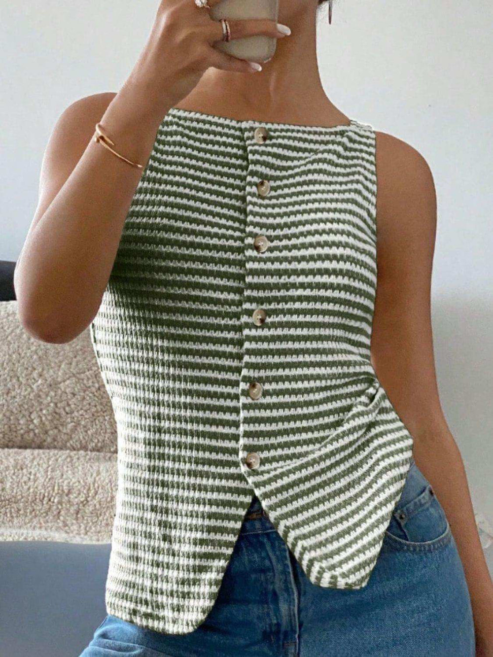 Button Down Striped Tank - Trendsi - Flyclothing LLC