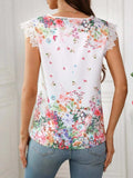 Lace Detail Printed V-Neck Cap Sleeve Blouse - Trendsi - Flyclothing LLC