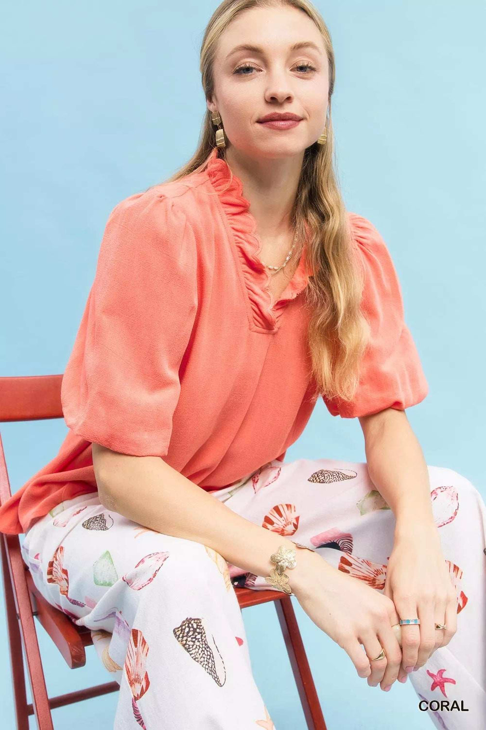 Umgee Linen Scallop Trim V-Neck Blouse - Trendsi - Flyclothing LLC