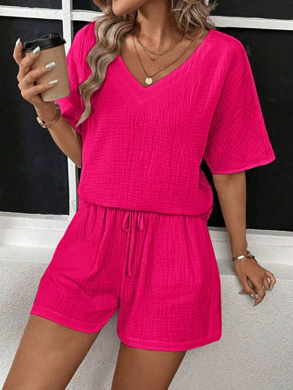 V-Neck Half Sleeve Top and Shorts Set - Trendsi - Flyclothing LLC