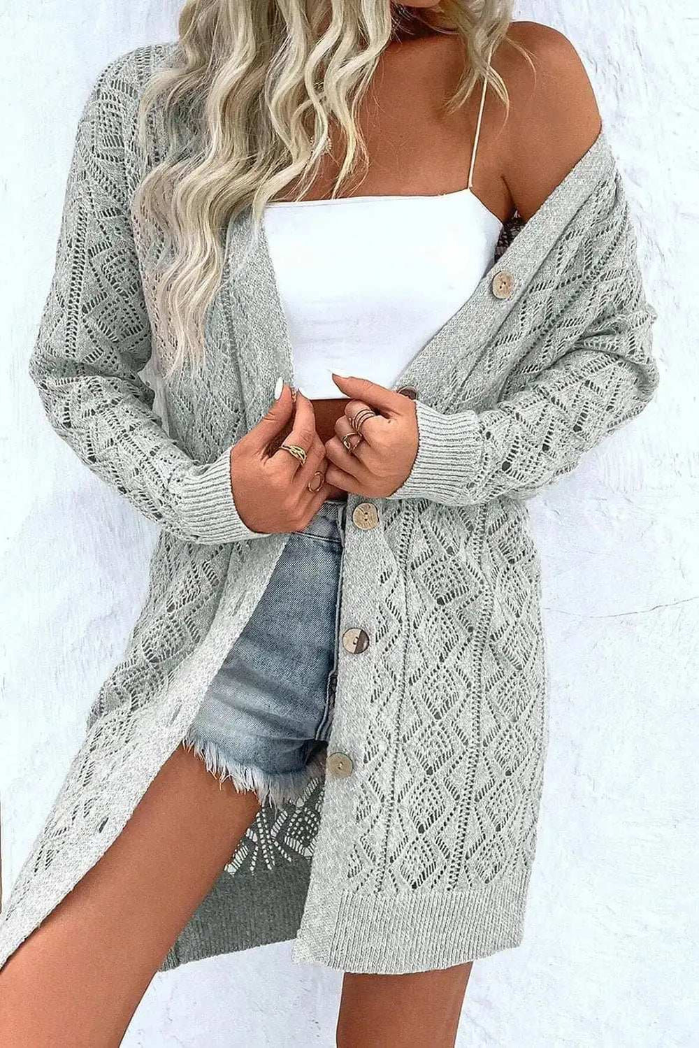 Openwork Button Down Long Sleeve Cardigan - Trendsi - Flyclothing LLC