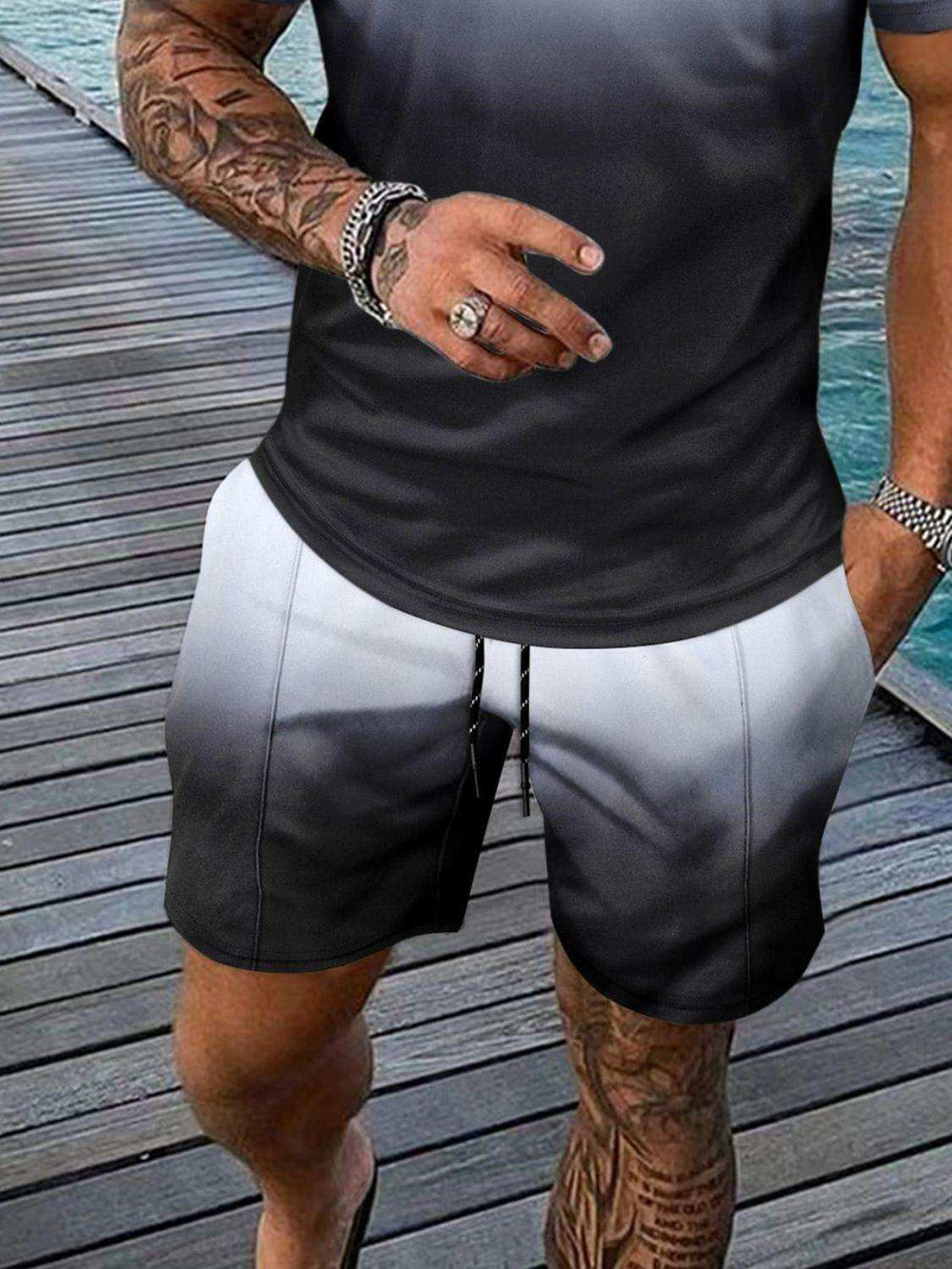 Men's Full Size Gradient Collared Neck Top and Shorts Set Plus Size - Trendsi - Flyclothing LLC