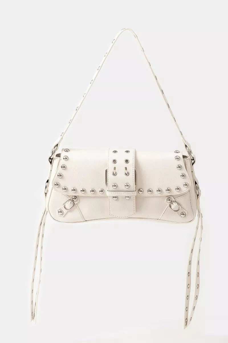 Fame Glossy Faux Leather Rivet Trim Shoulder Bag - Trendsi - Flyclothing LLC