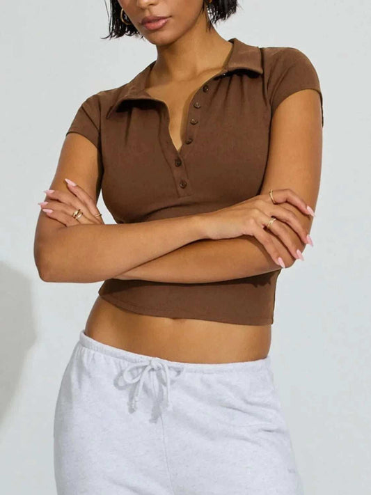 Collared Neck Short Sleeve Top - Trendsi - Flyclothing LLC