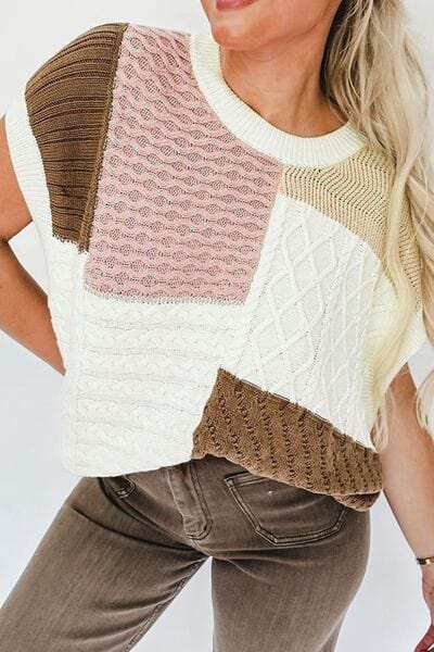 Cable-Knit Color Block Round Neck Sweater Vest - Trendsi - Flyclothing LLC