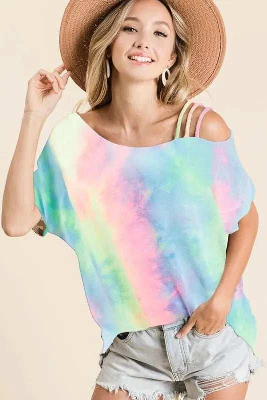 BiBi Tie Dye French Terry Strapped One Shoulder Top - Trendsi - Flyclothing LLC