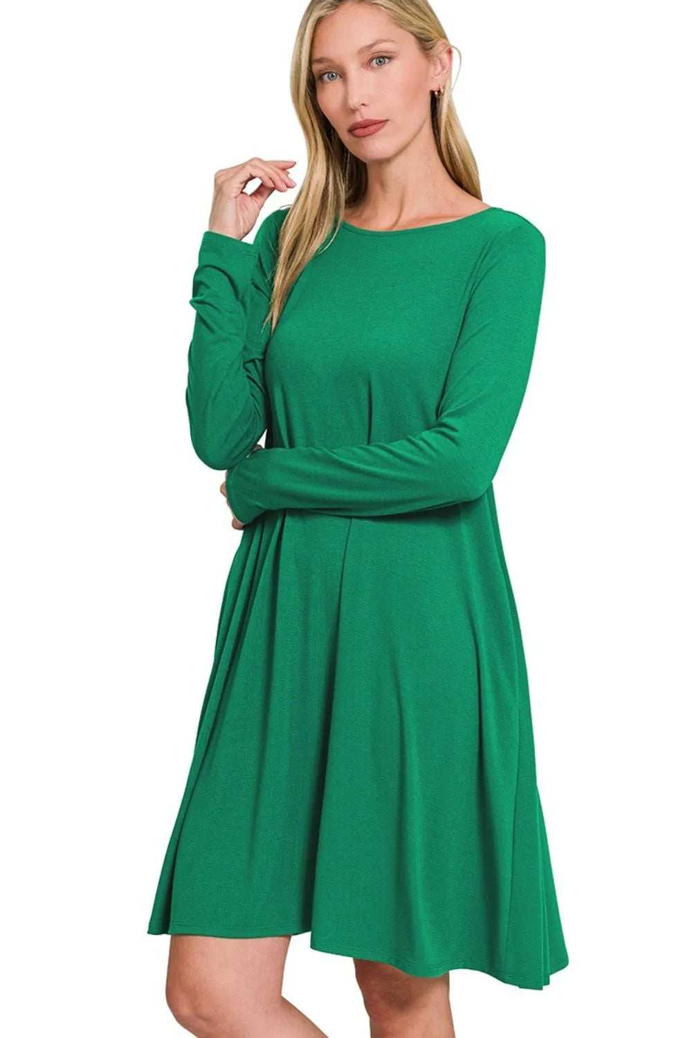 Zenana Long Sleeve Flare Dress With Pockets - Trendsi - Flyclothing LLC