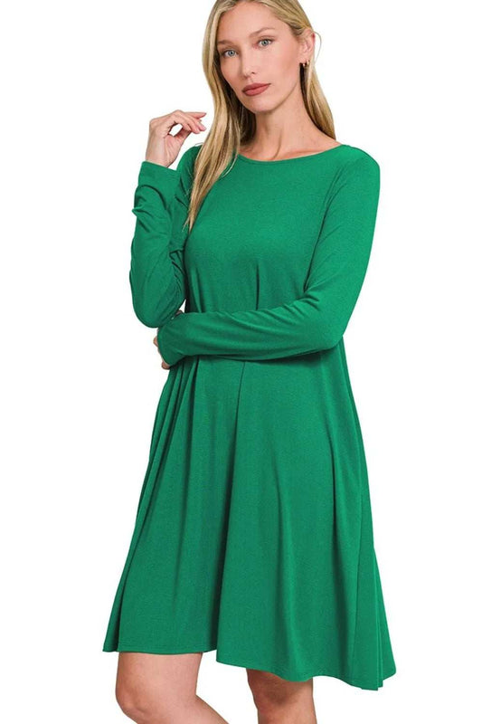 Zenana Long Sleeve Flare Dress With Pockets - Trendsi - Flyclothing LLC