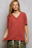 POL Ribbed Knit V-Neck Short Sleeve T-Shirt with Side Slit - Trendsi - Flyclothing LLC