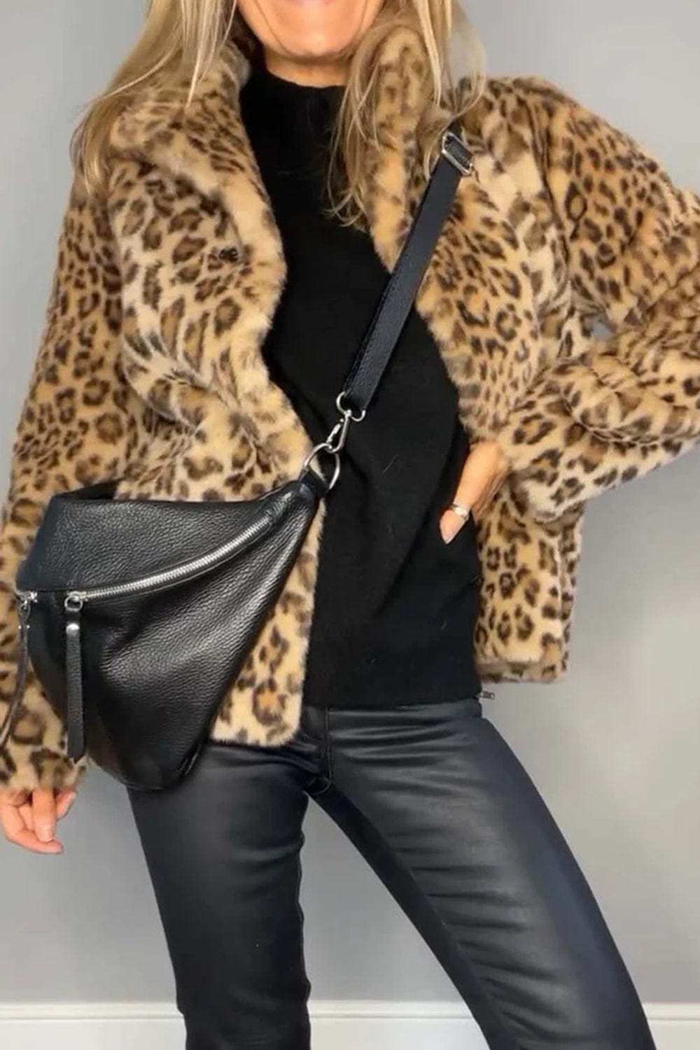 Full Size Leopard Furry Collared Neck Long Sleeve Coat - Trendsi - Flyclothing LLC