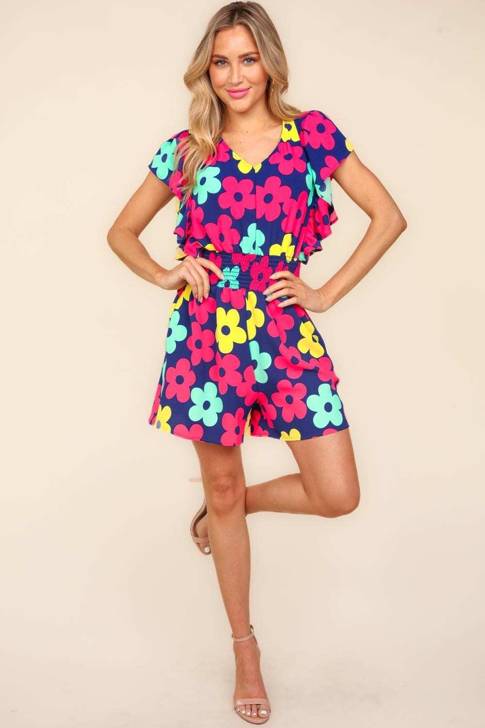 Haptics Floral Smocked Waist Romper with Side Pockets - Trendsi - Flyclothing LLC