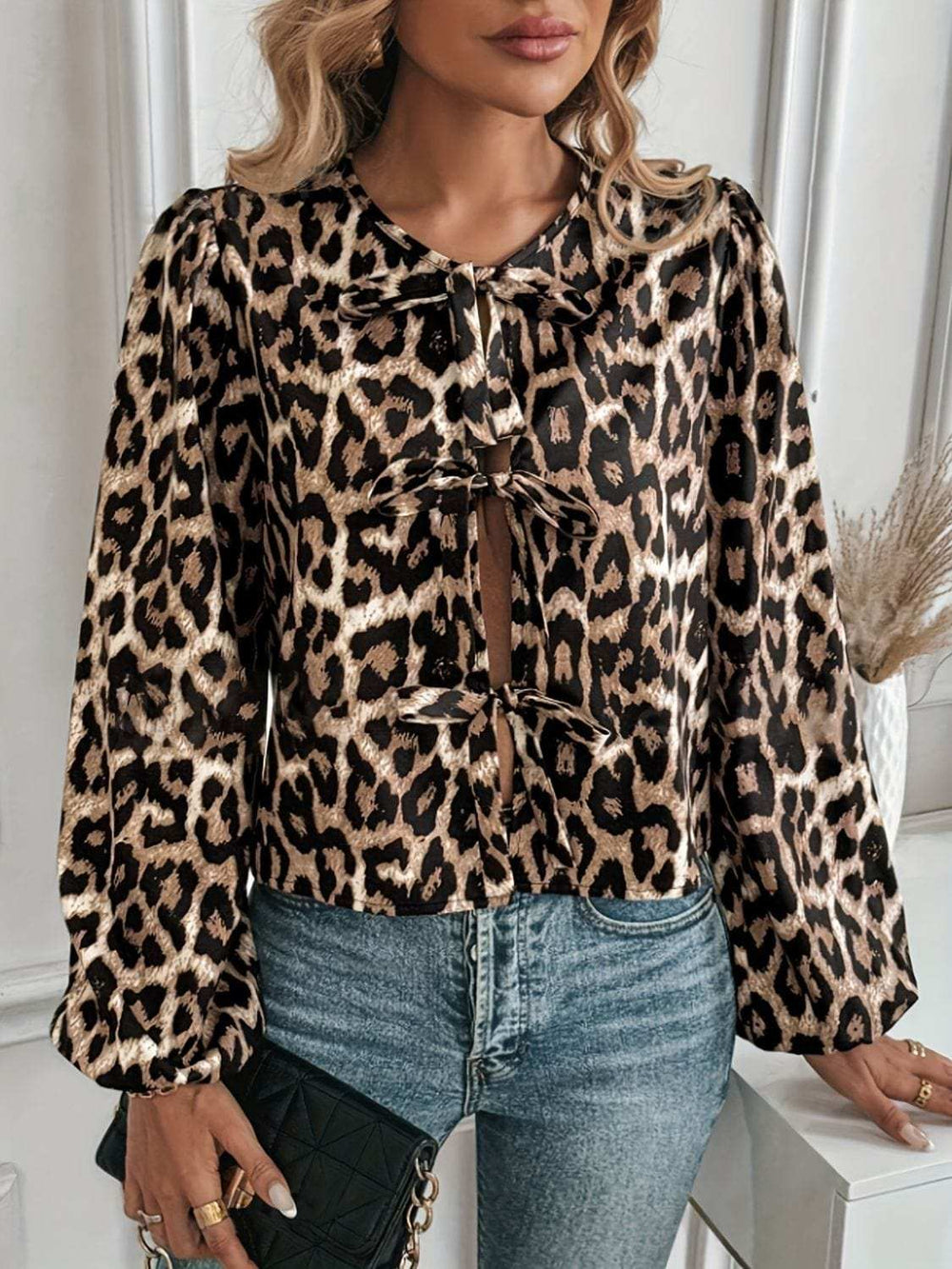 Tied Leopard Round Neck Long Sleeve Top - Trendsi - Flyclothing LLC