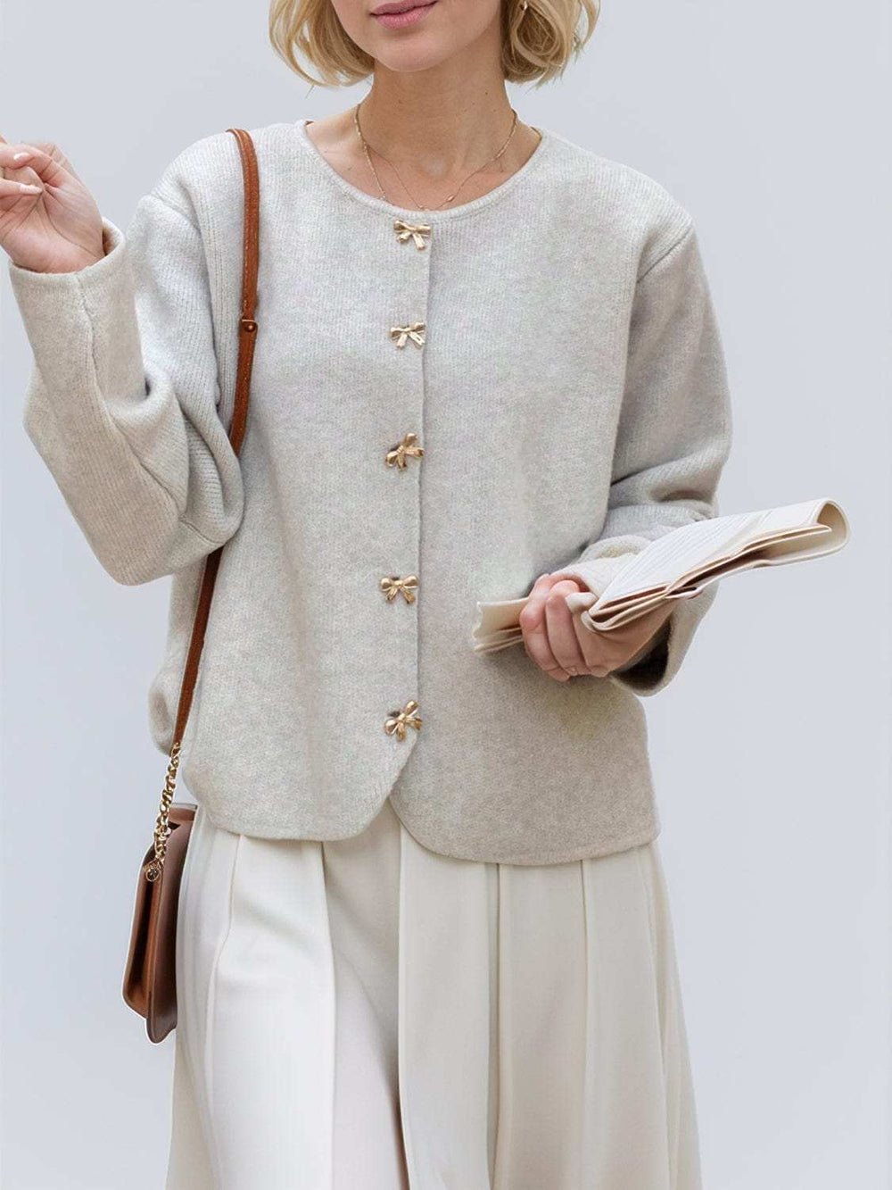 Bow Button Down Round Neck Long Sleeve Cardigan - Trendsi - Flyclothing LLC