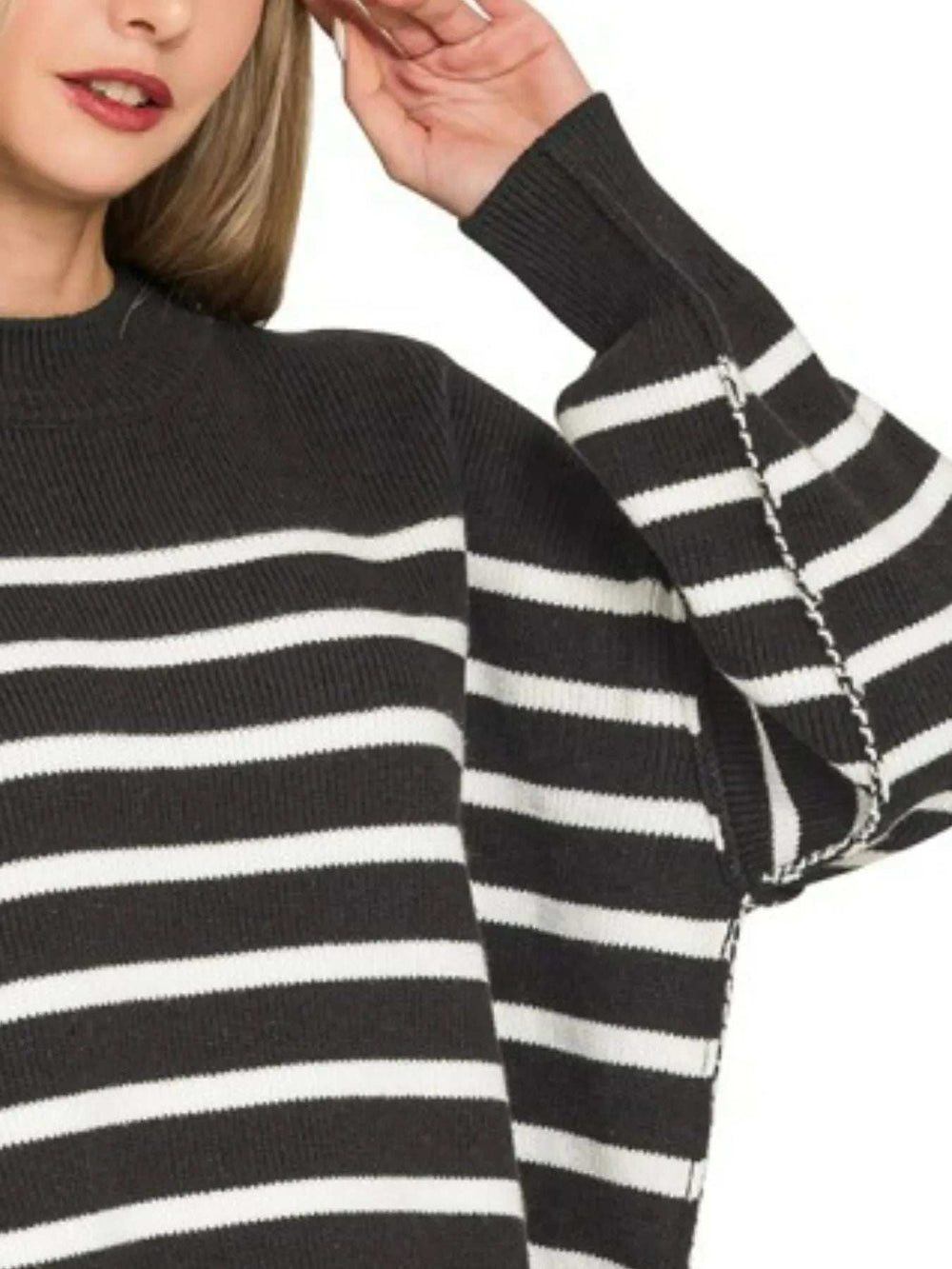 Zenana Exposed Seam Striped Oversized Sweater - Trendsi - Flyclothing LLC