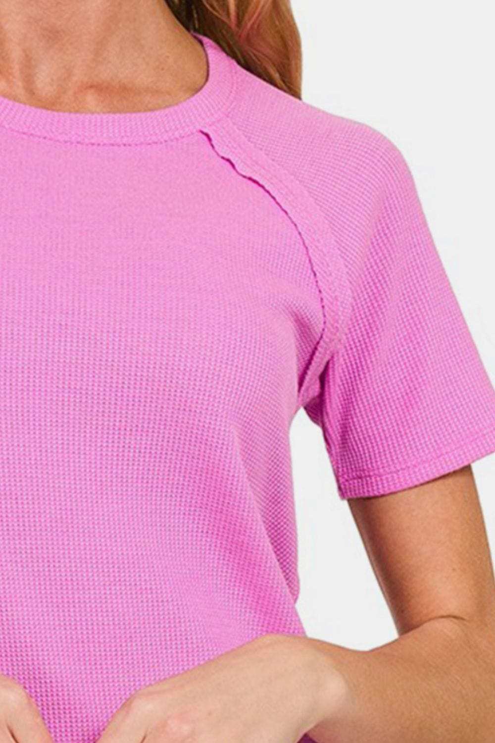 Zenana Round Neck Short Sleeve Waffle T-Shirt - Trendsi - Flyclothing LLC