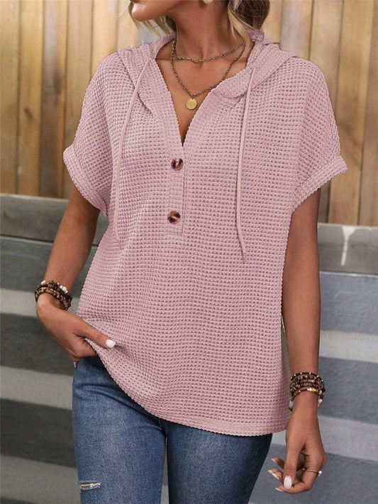 Waffle-Knit Hooded Short Sleeve Blouse - Trendsi - Flyclothing LLC