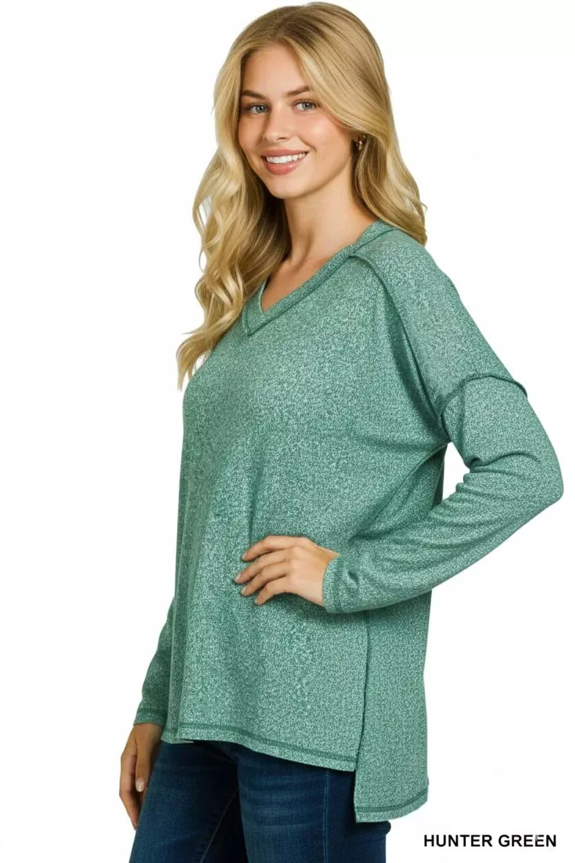 Zenana Soft Melange Hacci Exposed Seam Hi-low Tee - Trendsi - Flyclothing LLC