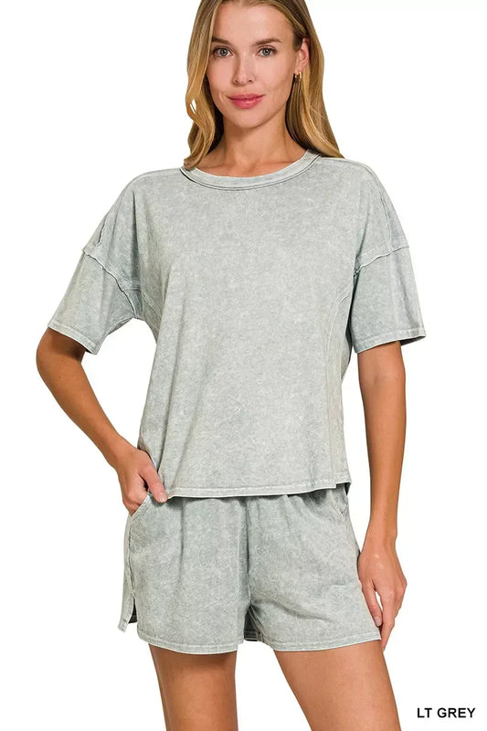 Zenana Halo Snow Washed Short Sleeve Tee and Shorts Set - Trendsi - Flyclothing LLC