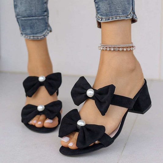 Double Bow Open Toe Block Heel Sandals - Trendsi - Flyclothing LLC