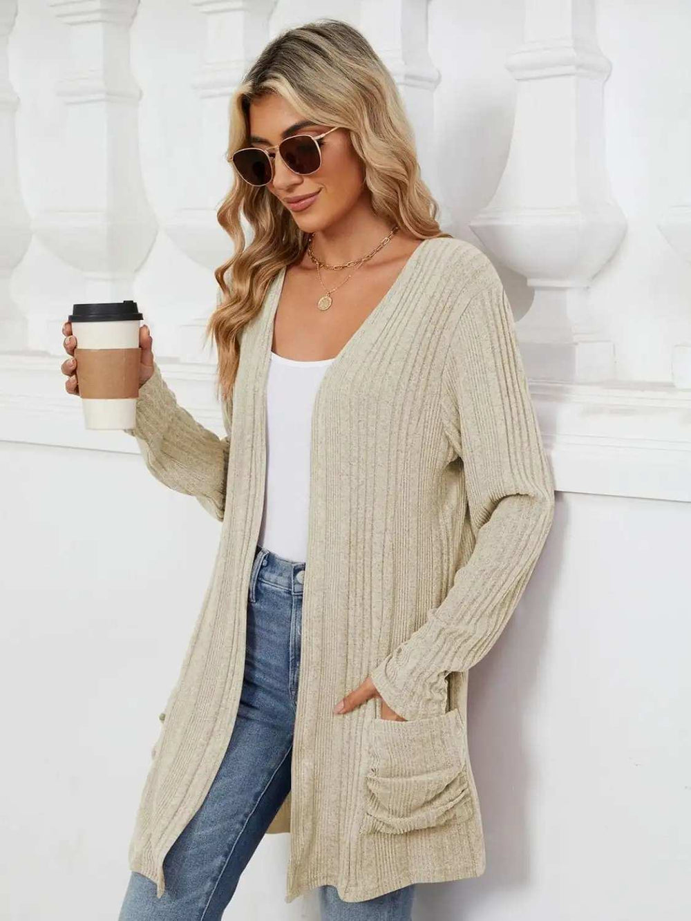 Pocketed Open Front Long Sleeve Cardigan - Trendsi - Flyclothing LLC