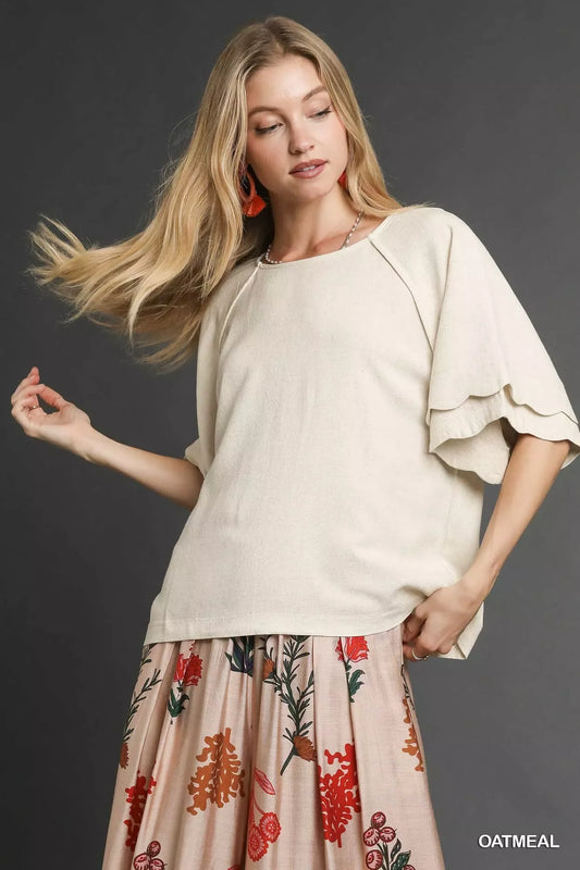 Umgee Linen Scallop Sleeve Boho Top - Trendsi - Flyclothing LLC