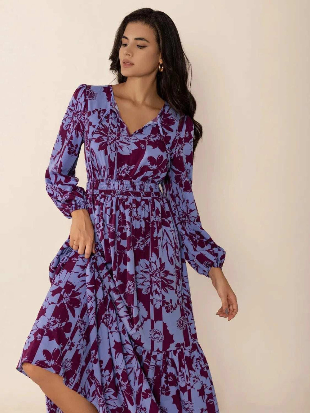 Printed Tie Neck Balloon Sleeve Maxi Dress - Trendsi - Flyclothing LLC